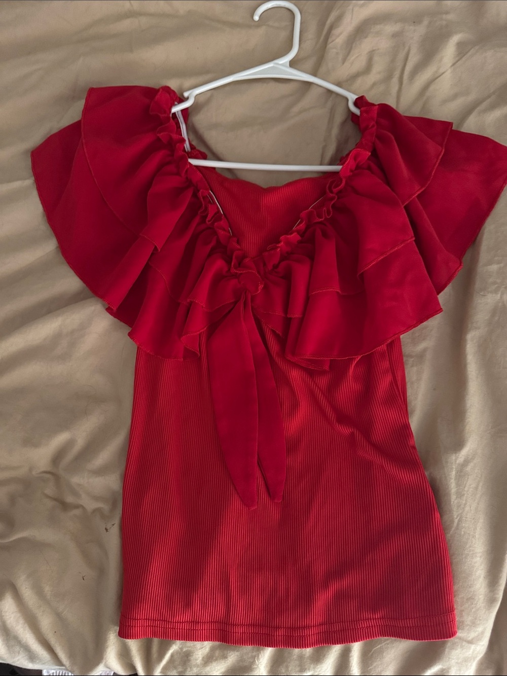 SHEIN Red Ruffled Off-Shoulder Tie Front Top